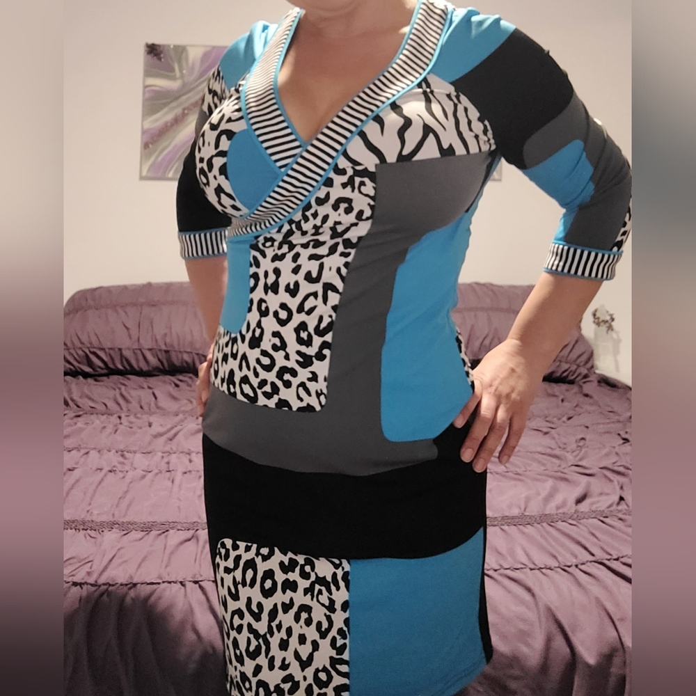 Joseph Ribkoff Multi-patterned animal stripes blue & black dress Size 6